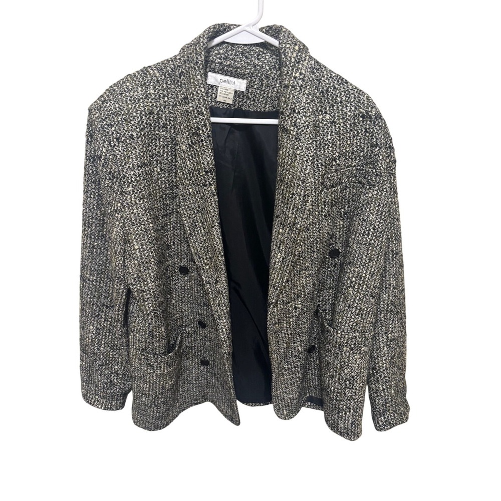 Pellini Womens Wool Blend Tweed Blazer Double Breasted Black Size 40